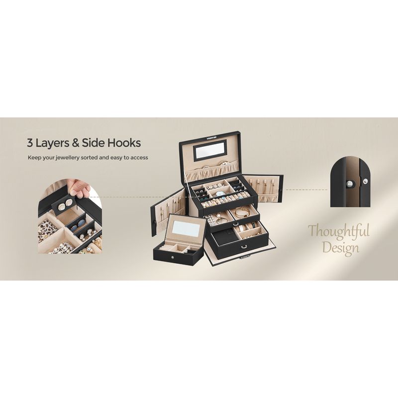 Casa si Gradina - Mobilier - Organizare si depozitare - Cutii depozitare - Cutie de bijuterii pe 3 nivele, cu 2 sertare, oglinda, maner, inchidere cu cheie, 18x26x17cm, negru - Infinity.ro