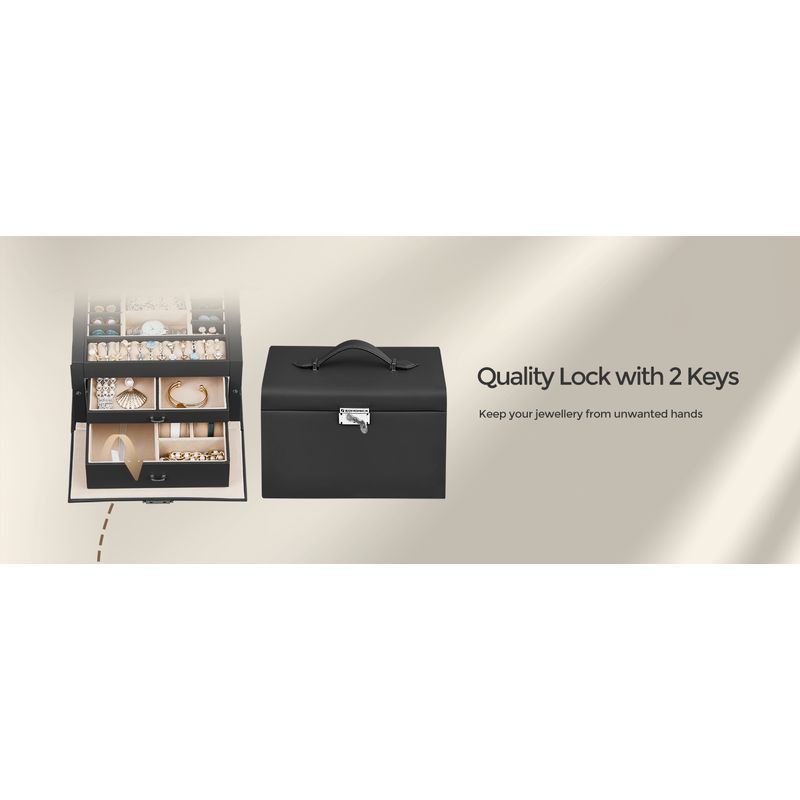 Casa si Gradina - Mobilier - Organizare si depozitare - Cutii depozitare - Cutie de bijuterii pe 3 nivele, cu 2 sertare, oglinda, maner, inchidere cu cheie, 18x26x17cm, negru - Infinity.ro