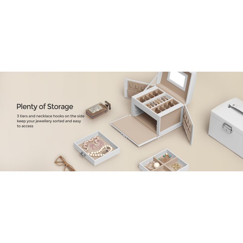 Fashion, accesorii si bijuterii - Femei - Bijuterii femei - Cutii bijuterii - Cutie de bijuterii cu 3 niveluri, oglinda, incuietoare cu maner, 2 sertare, 14x18x14cm, alb - Infinity.ro