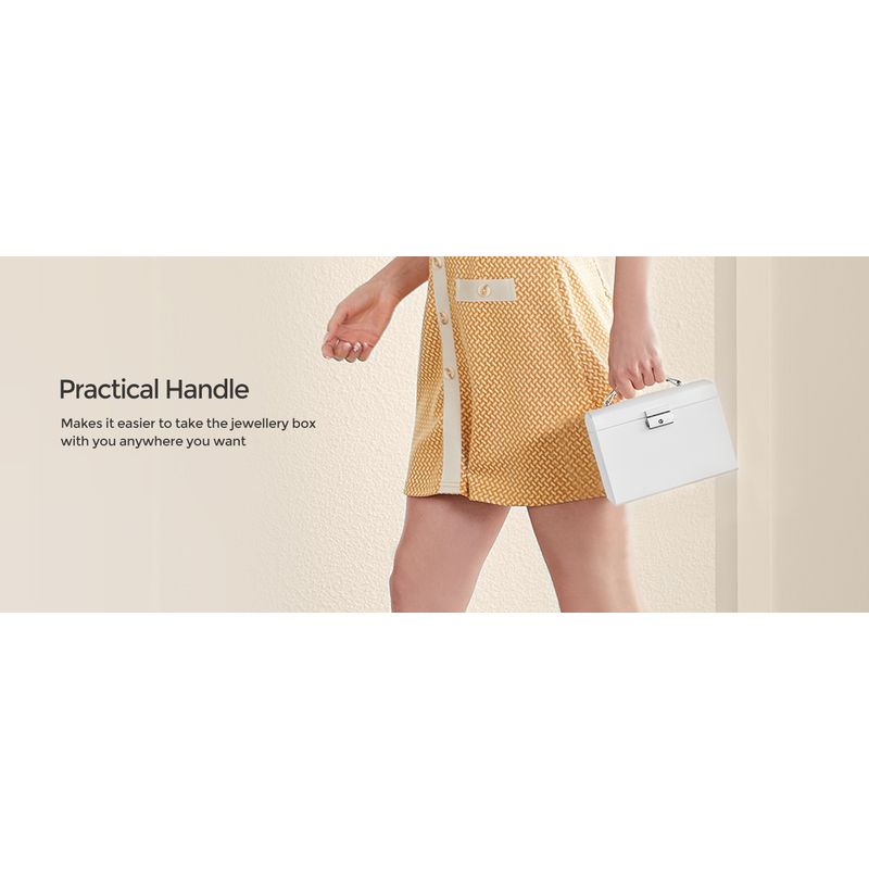 Fashion, accesorii si bijuterii - Femei - Bijuterii femei - Cutii bijuterii - Cutie de bijuterii cu 3 niveluri, oglinda, incuietoare cu maner, 2 sertare, 14x18x14cm, alb - Infinity.ro