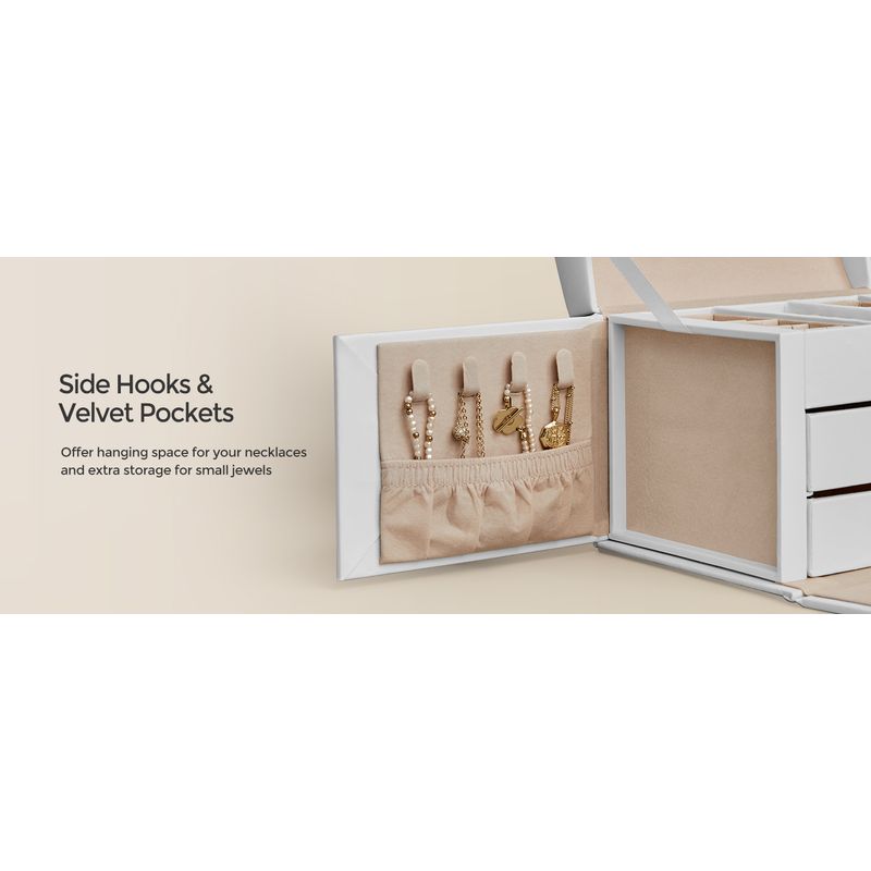 Casa si Gradina - Mobilier - Organizare si depozitare - Cutii depozitare - Cutie de bijuterii cu 3 niveluri, oglinda, incuietoare cu maner, 2 sertare, 14x18x14cm, alb - Infinity.ro