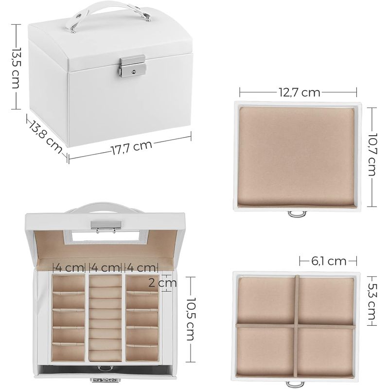 Casa si Gradina - Mobilier - Organizare si depozitare - Cutii depozitare - Cutie de bijuterii cu 3 niveluri, oglinda, incuietoare cu maner, 2 sertare, 14x18x14cm, alb - Infinity.ro