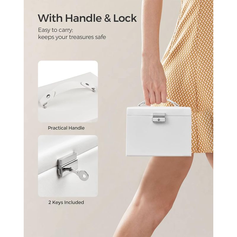 Fashion, accesorii si bijuterii - Femei - Bijuterii femei - Cutii bijuterii - Cutie de bijuterii cu 3 niveluri, oglinda, incuietoare cu maner, 2 sertare, 14x18x14cm, alb - Infinity.ro