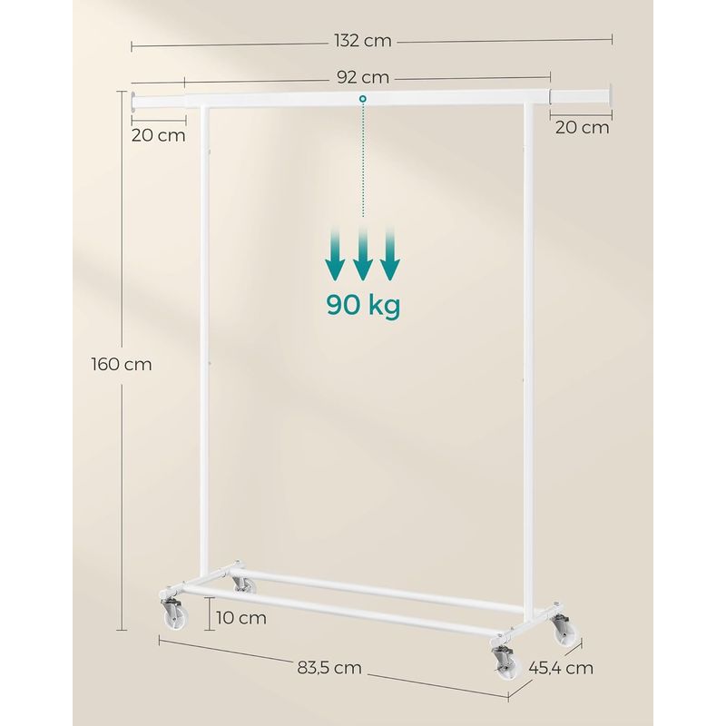 Casa si Gradina - Mobilier - Organizare si depozitare - Umerase si valeti - Suport pentru haine cu sina superioara extensibila, pe roti, reglabil pe latime, 45x(92-132)x160cm, alb - Infinity.ro