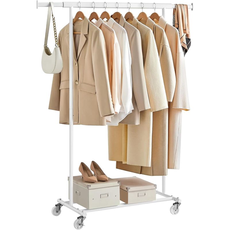 Casa si Gradina - Mobilier - Organizare si depozitare - Umerase si valeti - Suport pentru haine cu sina superioara extensibila, pe roti, reglabil pe latime, 45x(92-132)x160cm, alb - Infinity.ro