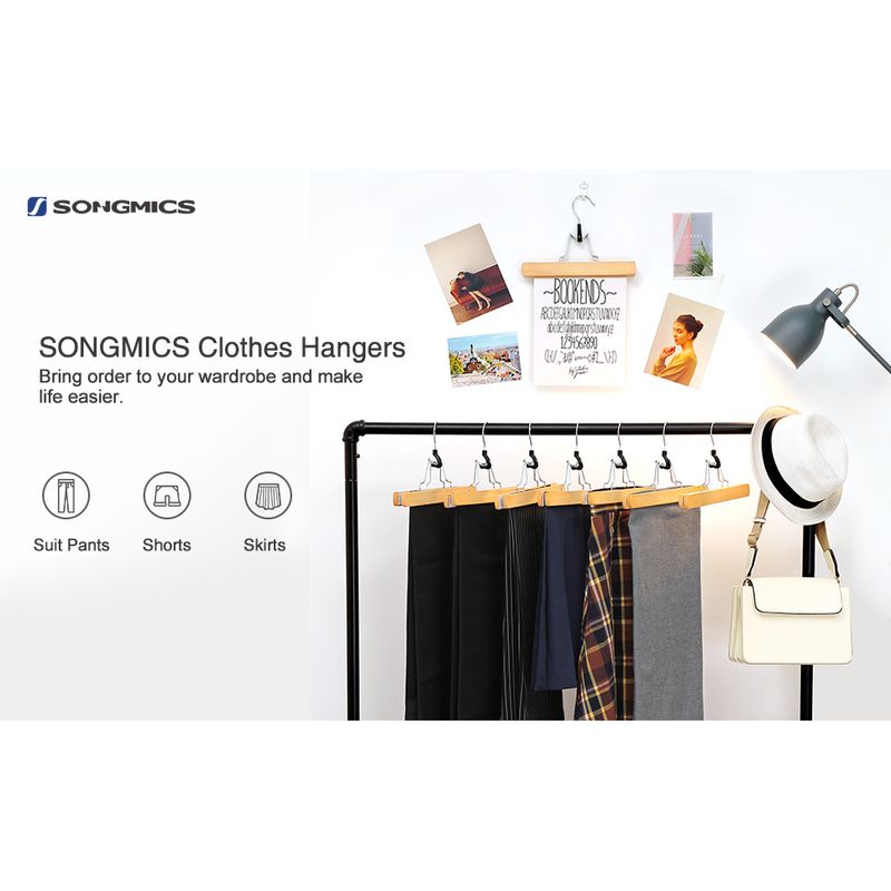 Casa si Gradina - Mobilier - Organizare si depozitare - Umerase si valeti - Set de 12 umerase din lemn pentru pantaloni, carlig antiderapant rotativ, 25cm, natural - Infinity.ro