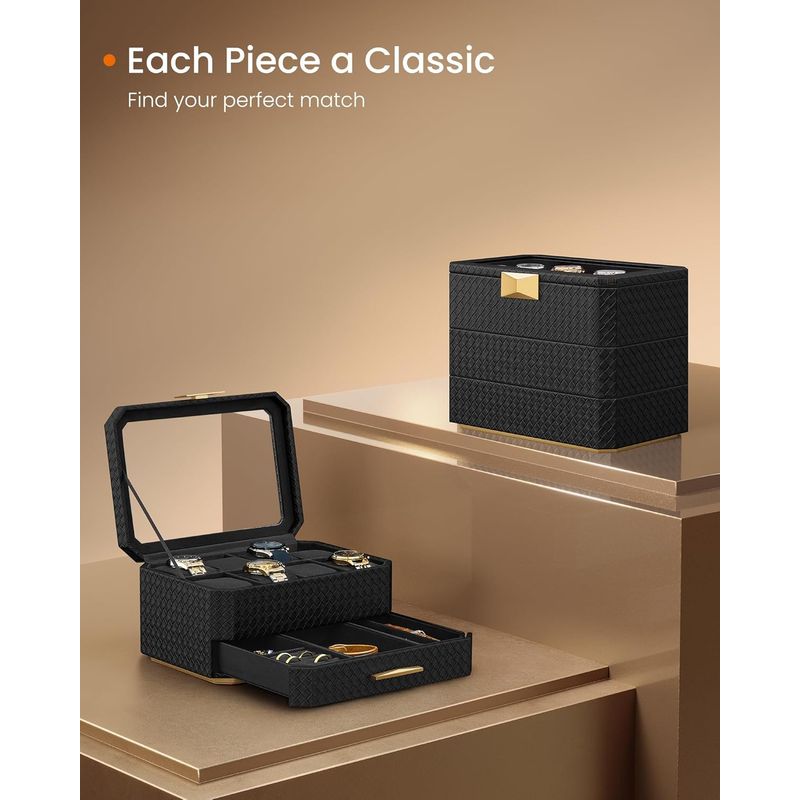 Casa si Gradina - Mobilier - Organizare si depozitare - Cutii depozitare - Cutie ceasuri Ronne Collection, 8 sloturi cu compartimente, piele PU impletita, 27x20x15 cm, negru - Infinity.ro