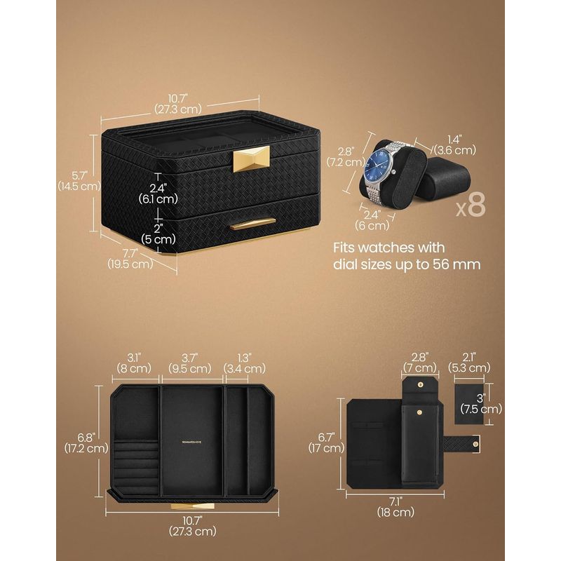 Casa si Gradina - Mobilier - Organizare si depozitare - Cutii depozitare - Cutie ceasuri Ronne Collection, 8 sloturi cu compartimente, piele PU impletita, 27x20x15 cm, negru - Infinity.ro