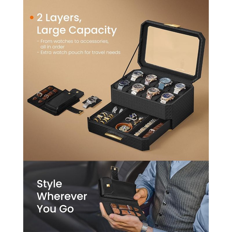 Casa si Gradina - Mobilier - Organizare si depozitare - Cutii depozitare - Cutie ceasuri Ronne Collection, 8 sloturi cu compartimente, piele PU impletita, 27x20x15 cm, negru - Infinity.ro