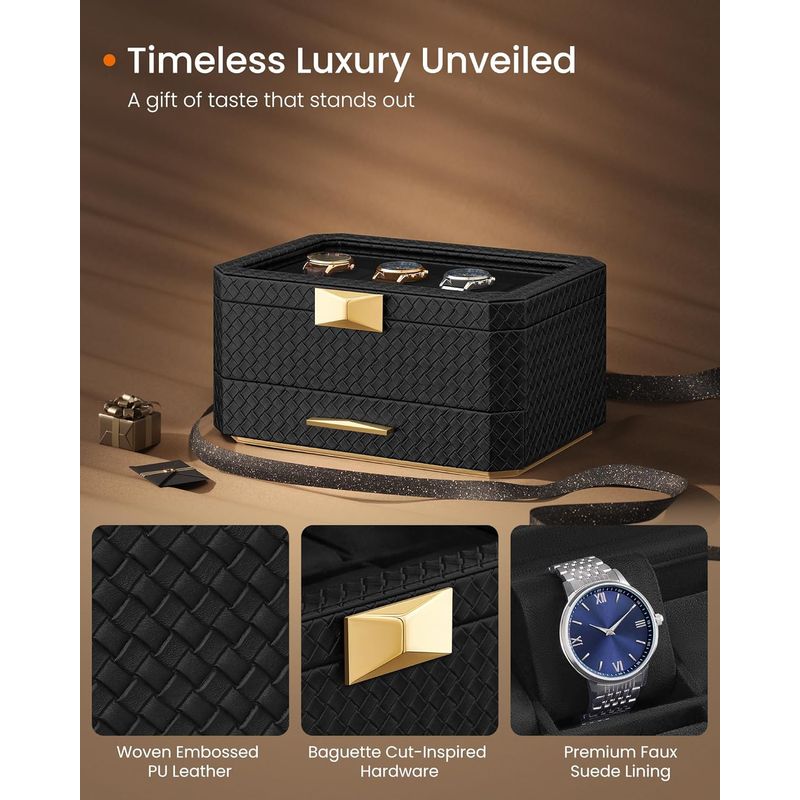 Casa si Gradina - Mobilier - Organizare si depozitare - Cutii depozitare - Cutie ceasuri Ronne Collection, 8 sloturi cu compartimente, piele PU impletita, 27x20x15 cm, negru - Infinity.ro