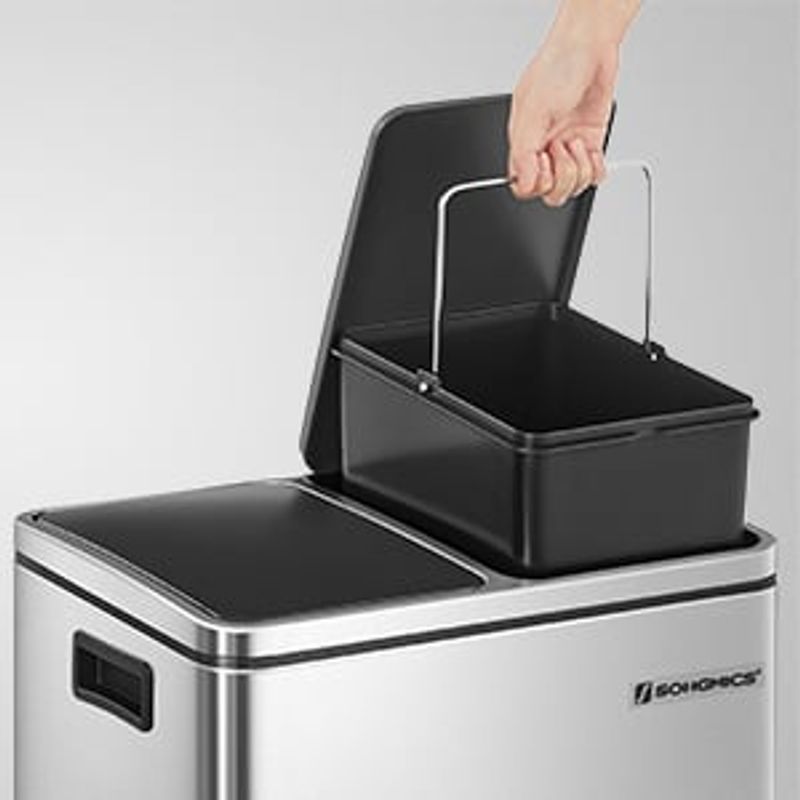 Casa si Gradina - Mobilier - Organizare si depozitare - Cosuri de gunoi - Cos de gunoi din inox cu 2 compartimente colectare selectiva, cu galeti interioare, 2x15litri, argintiu si negru - Infinity.ro
