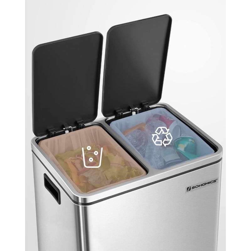Casa si Gradina - Mobilier - Organizare si depozitare - Cosuri de gunoi - Cos de gunoi din inox cu 2 compartimente colectare selectiva, cu galeti interioare, 2x15litri, argintiu si negru - Infinity.ro