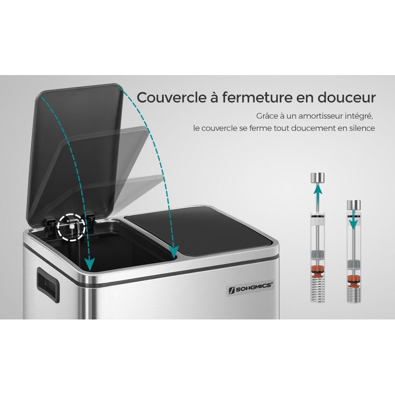 Casa si Gradina - Mobilier - Organizare si depozitare - Cosuri de gunoi - Cos de gunoi din inox cu 2 compartimente colectare selectiva, cu galeti interioare, 2x15litri, argintiu si negru - Infinity.ro