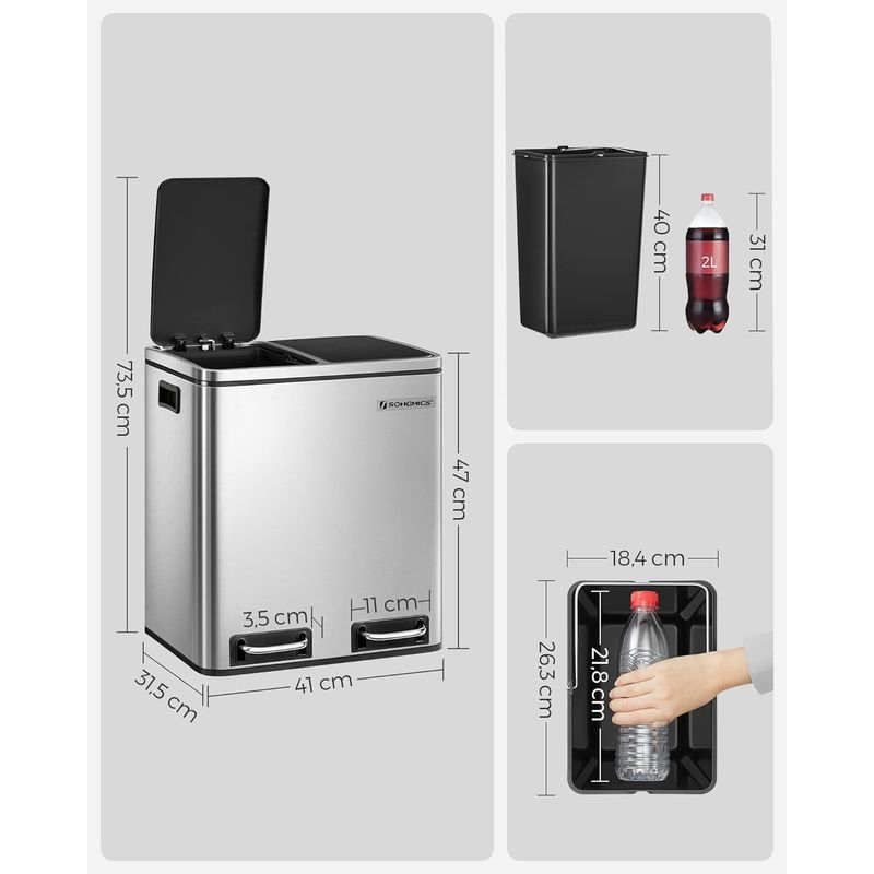 Casa si Gradina - Mobilier - Organizare si depozitare - Cosuri de gunoi - Cos de gunoi din inox cu 2 compartimente colectare selectiva, cu galeti interioare, 2x15litri, argintiu si negru - Infinity.ro