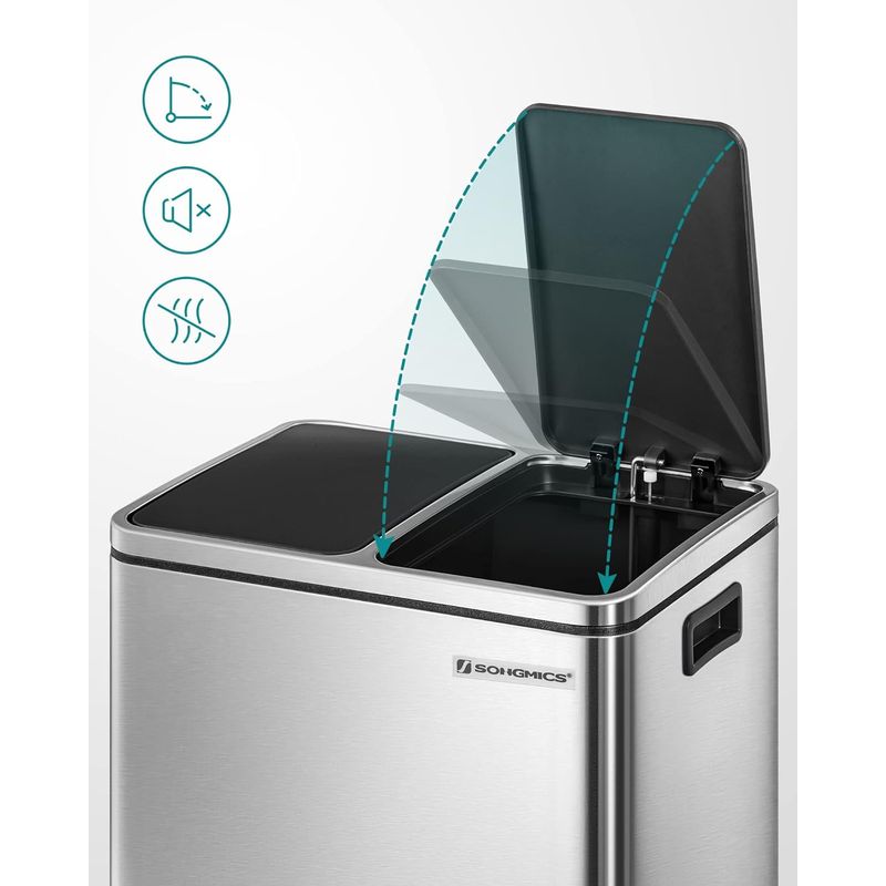 Casa si Gradina - Mobilier - Organizare si depozitare - Cosuri de gunoi - Cos de gunoi din inox cu 2 compartimente colectare selectiva, cu galeti interioare, 2x15litri, argintiu si negru - Infinity.ro