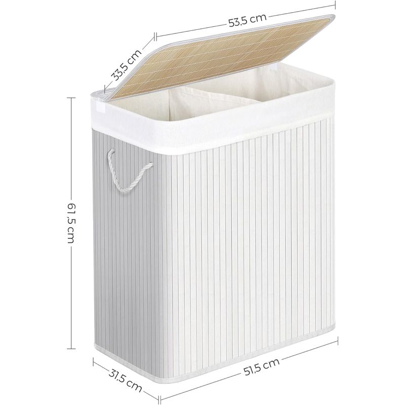 Market - Spalare si intretinere rufe - Uscatoare de rufe si accesorii - Cos de rufe din bambus cu capac, 2 compartimente, sac detasabil, volum 100L, 52x32x62cm, alb - Infinity.ro
