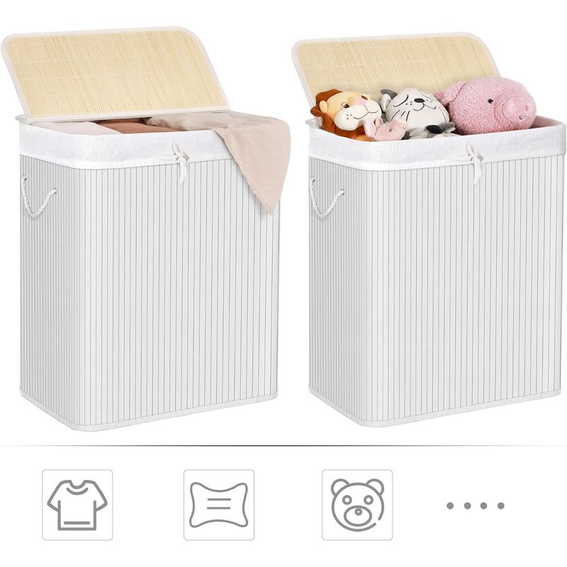 Market - Spalare si intretinere rufe - Uscatoare de rufe si accesorii - Cos de rufe din bambus cu capac, 2 compartimente, sac detasabil, volum 100L, 52x32x62cm, alb - Infinity.ro