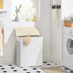 Market - Spalare si intretinere rufe - Uscatoare de rufe si accesorii - Cos de rufe din bambus cu capac, 2 compartimente, sac detasabil, volum 100L, 52x32x62cm, alb - Infinity.ro