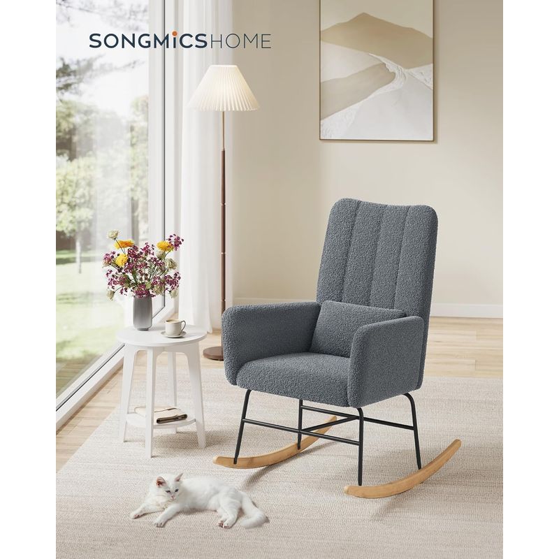 Casa si Gradina - Mobilier - Scaune si fotolii - Scaune - Fotoliu balansoar cu brate, cadru otel imbracat in fleece si picioare din lemn, 136 kg, gri - Infinity.ro