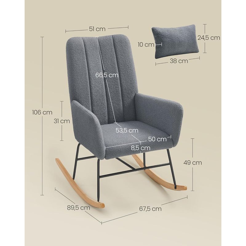 Casa si Gradina - Mobilier - Scaune si fotolii - Scaune - Fotoliu balansoar cu brate, cadru otel imbracat in fleece si picioare din lemn, 136 kg, gri - Infinity.ro