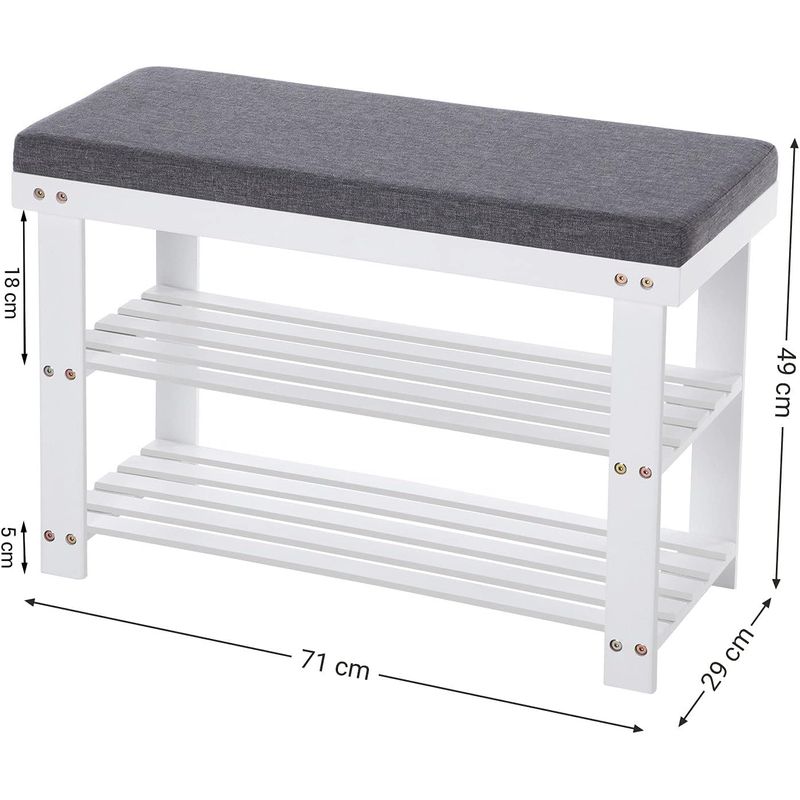 Casa si Gradina - Mobilier - Dulapuri si sifoniere - Dulapuri pantofi - Banca pentru pantofi din bambus, 2 niveluri, cu perna, sarcina 150 kg, 71x29x49 cm, alb si gri - Infinity.ro