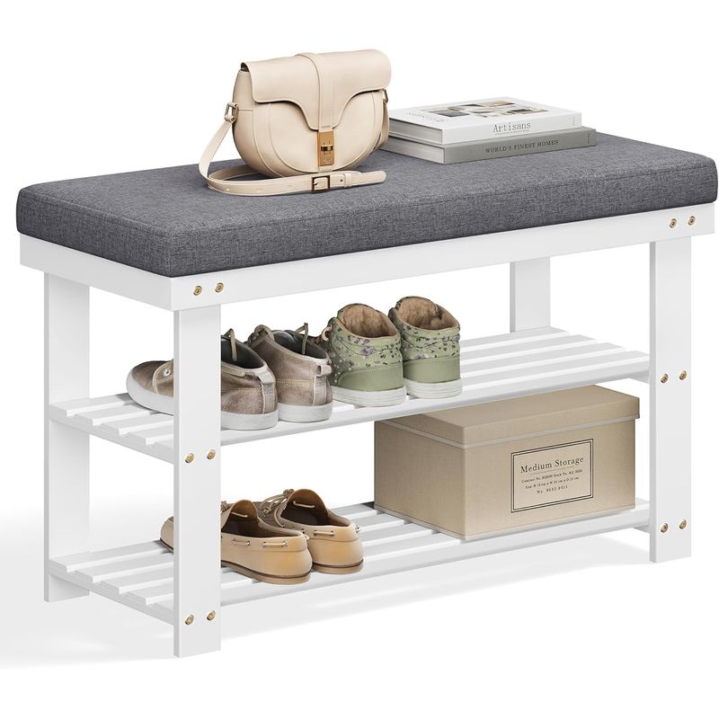 Casa si Gradina - Mobilier - Dulapuri si sifoniere - Dulapuri pantofi - Banca pentru pantofi din bambus, 2 niveluri, cu perna, sarcina 150 kg, 71x29x49 cm, alb si gri - Infinity.ro