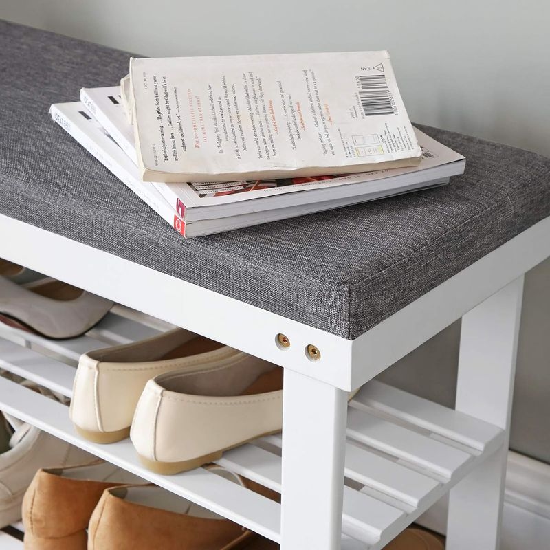 Casa si Gradina - Mobilier - Dulapuri si sifoniere - Dulapuri pantofi - Banca pentru pantofi din bambus, 2 niveluri, cu perna, sarcina 150 kg, 71x29x49 cm, alb si gri - Infinity.ro