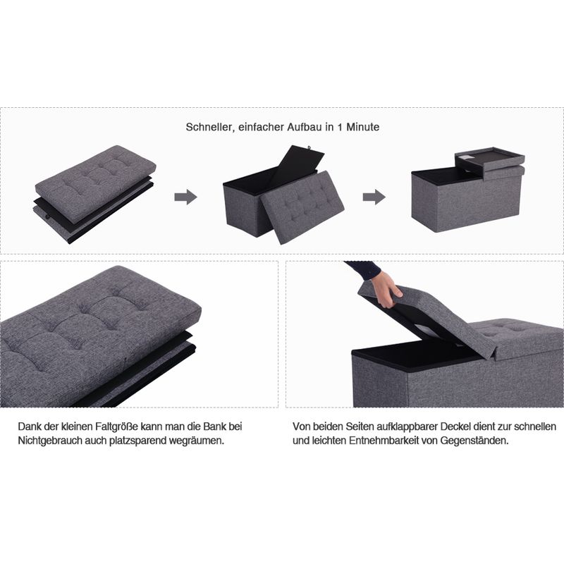 Casa si Gradina - Mobilier - Scaune si fotolii - Tabureti - Taburet pliabil cu sezut moale, spatiu de depozitare 80litri, maxim 300kg, 76x38x38cm, gri - Infinity.ro