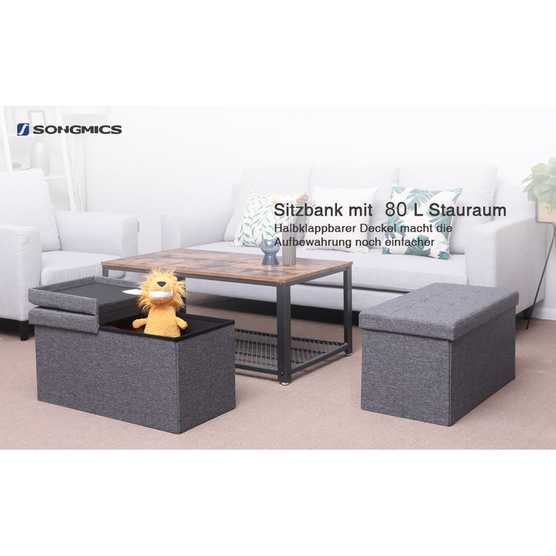 Casa si Gradina - Mobilier - Scaune si fotolii - Tabureti - Taburet pliabil cu sezut moale, spatiu de depozitare 80litri, maxim 300kg, 76x38x38cm, gri - Infinity.ro
