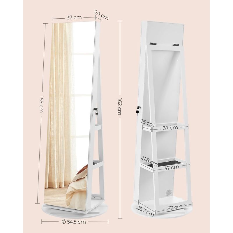 Casa si Gradina - Mobilier - Comode si corpuri - Masute de toaleta - Oglinda de podea cu suport rotativ la 360A°, cu spatiu de depozitare, 55x55x162 cm, alb cenusiu - Infinity.ro