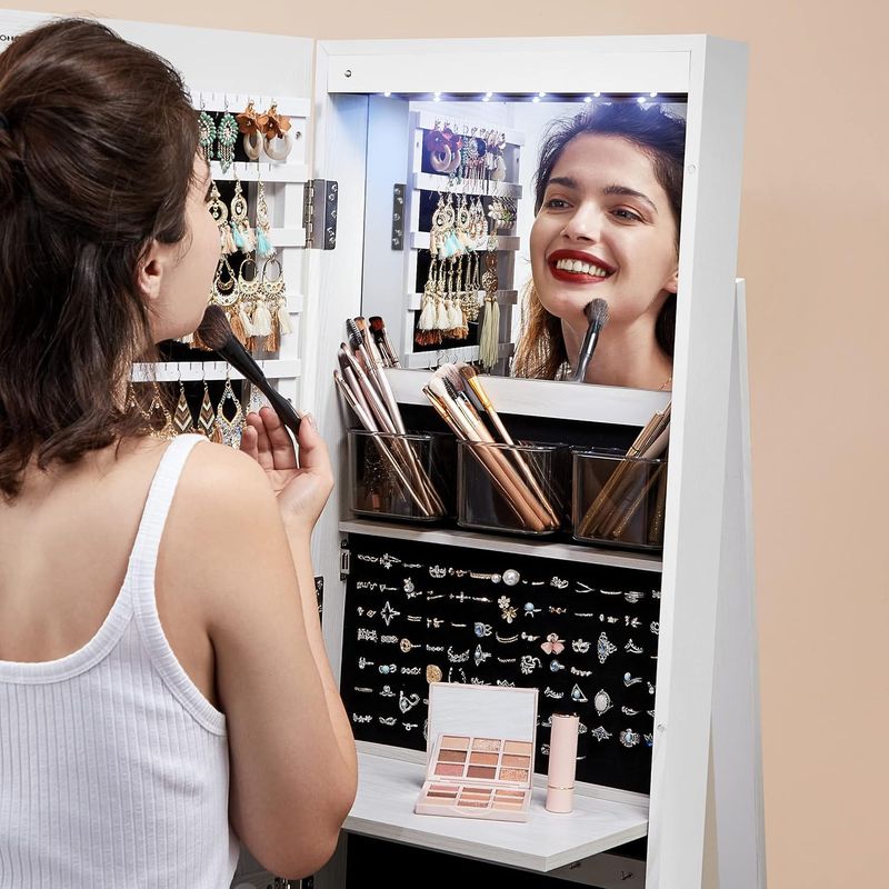 Casa si Gradina - Mobilier - Comode si corpuri - Masute de toaleta - Oglinda de podea cu suport rotativ la 360A°, cu spatiu de depozitare, 55x55x162 cm, alb cenusiu - Infinity.ro