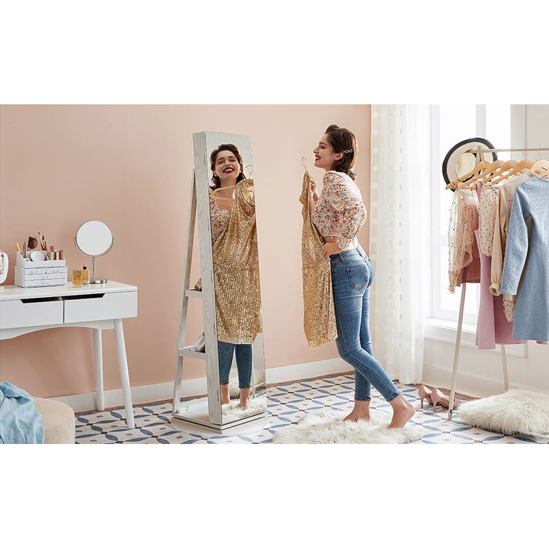 Casa si Gradina - Mobilier - Comode si corpuri - Masute de toaleta - Oglinda de podea cu suport rotativ la 360A°, cu spatiu de depozitare, 55x55x162 cm, alb cenusiu - Infinity.ro