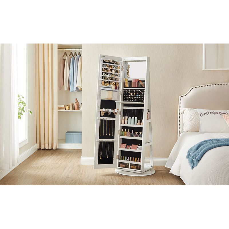 Casa si Gradina - Mobilier - Comode si corpuri - Masute de toaleta - Oglinda de podea cu suport rotativ la 360A°, cu spatiu de depozitare, 55x55x162 cm, alb cenusiu - Infinity.ro