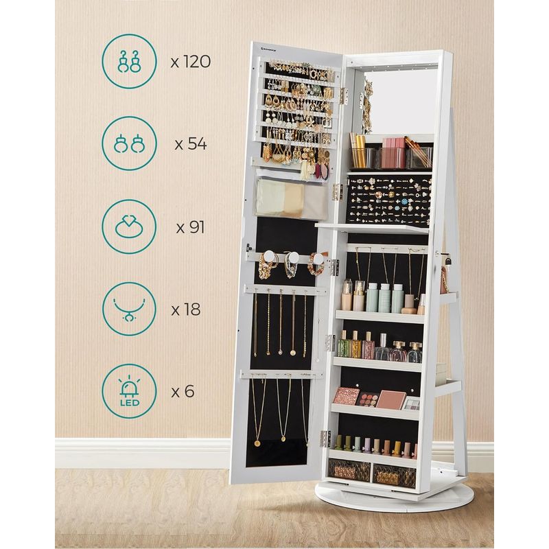 Casa si Gradina - Mobilier - Comode si corpuri - Masute de toaleta - Oglinda de podea cu suport rotativ la 360A°, cu spatiu de depozitare, 55x55x162 cm, alb cenusiu - Infinity.ro