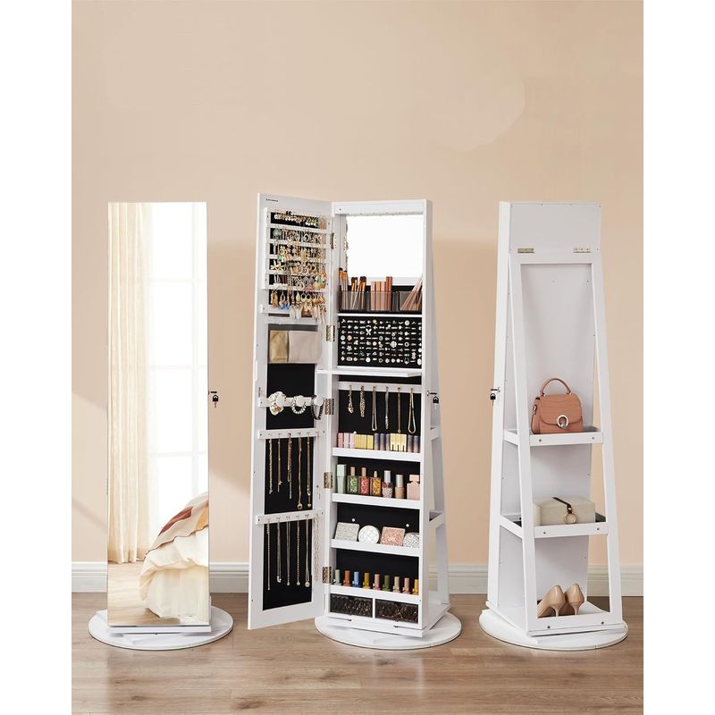 Casa si Gradina - Mobilier - Comode si corpuri - Masute de toaleta - Oglinda de podea cu suport rotativ la 360A°, cu spatiu de depozitare, 55x55x162 cm, alb cenusiu - Infinity.ro