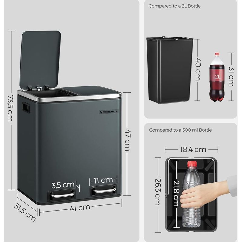 Casa si Gradina - Mobilier - Organizare si depozitare - Cosuri de gunoi - Cos de gunoi din inox cu 2 compartimente colectare selectiva, cu galeti interioare, 2x15litri, gri - Infinity.ro