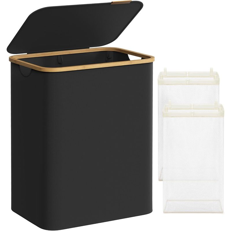 Market - Spalare si intretinere rufe - Uscatoare de rufe si accesorii - Cos de rufe textil, pliabil, cu 2 compartimente detasabile, 130L, 52x39x71 cm, negru - Infinity.ro