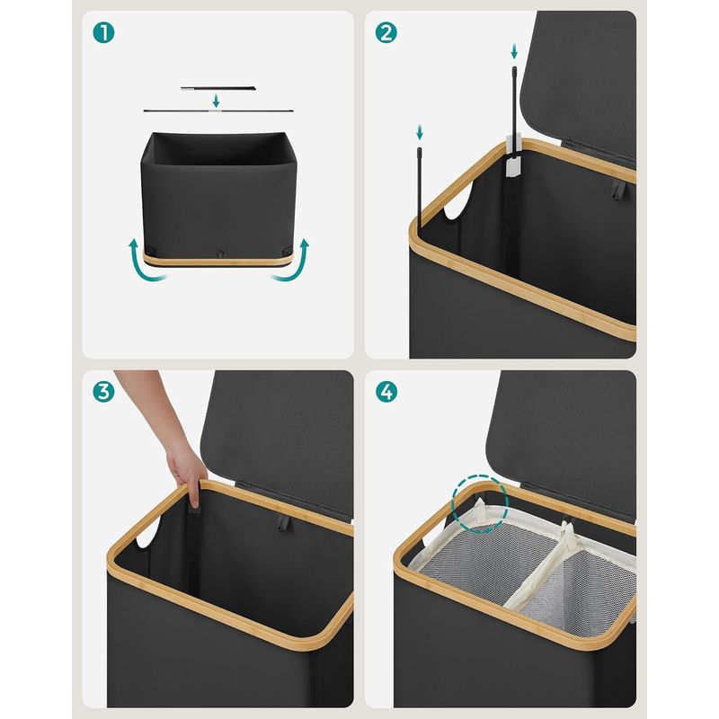 Market - Spalare si intretinere rufe - Uscatoare de rufe si accesorii - Cos de rufe textil, pliabil, cu 2 compartimente detasabile, 130L, 52x39x71 cm, negru - Infinity.ro