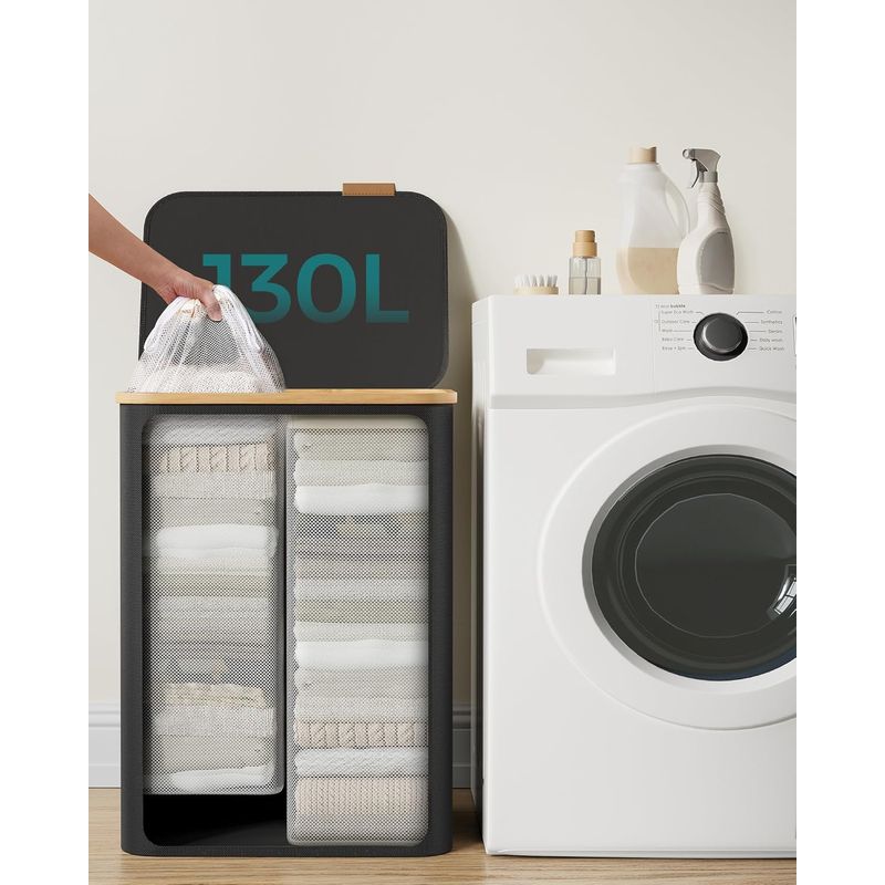 Market - Spalare si intretinere rufe - Uscatoare de rufe si accesorii - Cos de rufe textil, pliabil, cu 2 compartimente detasabile, 130L, 52x39x71 cm, negru - Infinity.ro