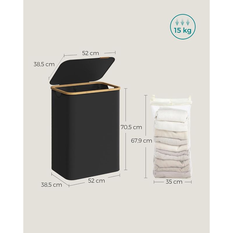 Market - Spalare si intretinere rufe - Uscatoare de rufe si accesorii - Cos de rufe textil, pliabil, cu 2 compartimente detasabile, 130L, 52x39x71 cm, negru - Infinity.ro
