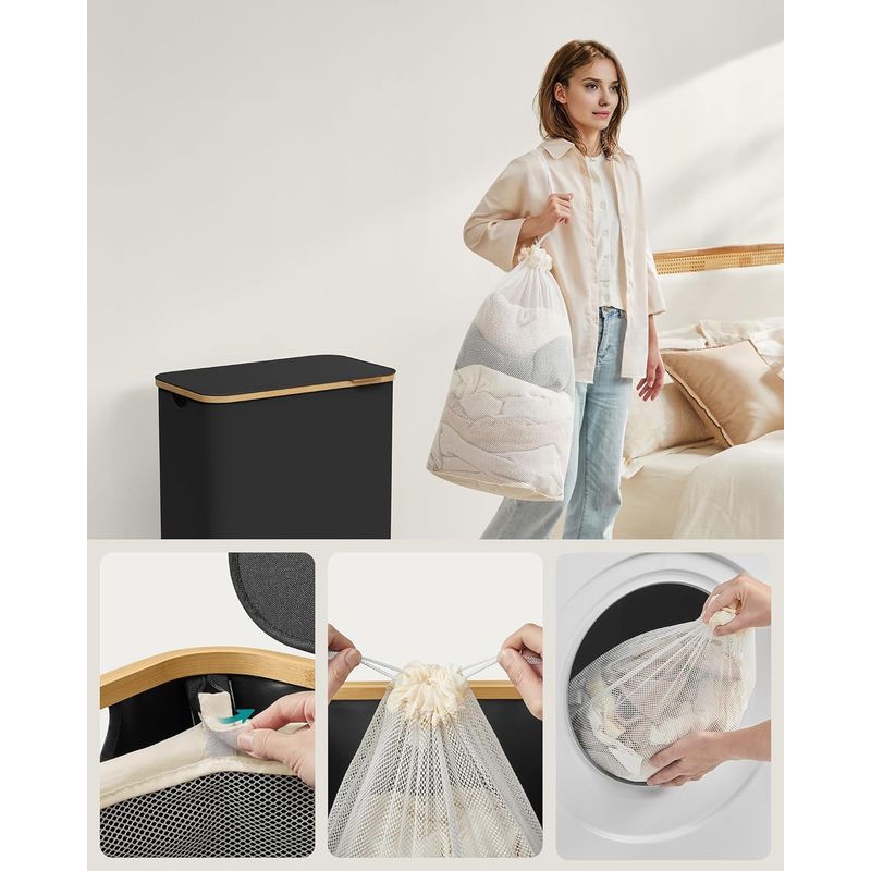 Market - Spalare si intretinere rufe - Uscatoare de rufe si accesorii - Cos de rufe textil, pliabil, cu 2 compartimente detasabile, 130L, 52x39x71 cm, negru - Infinity.ro