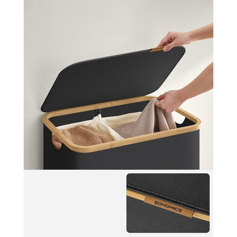 Market - Spalare si intretinere rufe - Uscatoare de rufe si accesorii - Cos de rufe textil, pliabil, cu 2 compartimente detasabile, 130L, 52x39x71 cm, negru - Infinity.ro