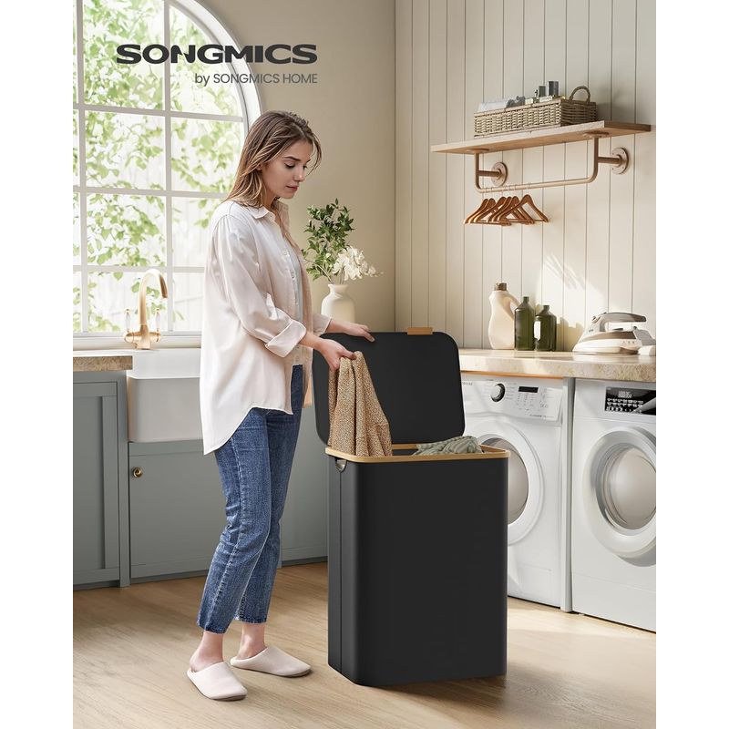 Market - Spalare si intretinere rufe - Uscatoare de rufe si accesorii - Cos de rufe textil, pliabil, cu 2 compartimente detasabile, 130L, 52x39x71 cm, negru - Infinity.ro