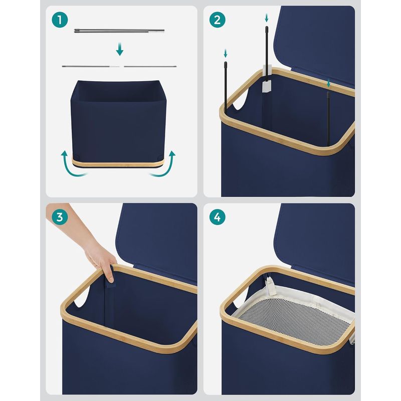 Market - Spalare si intretinere rufe - Uscatoare de rufe si accesorii - Cos de rufe textil, pliabil, compartiment detasabil, 90L, 42x32x71 cm, albastru - Infinity.ro