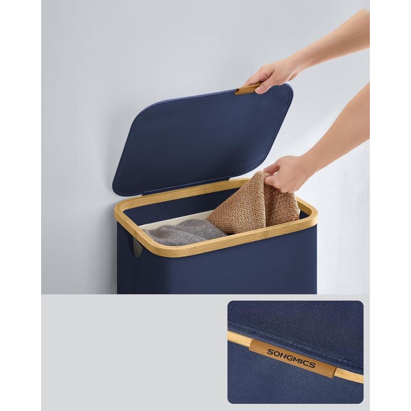 Market - Spalare si intretinere rufe - Uscatoare de rufe si accesorii - Cos de rufe textil, pliabil, compartiment detasabil, 90L, 42x32x71 cm, albastru - Infinity.ro