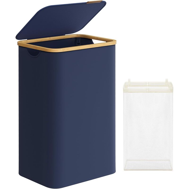 Market - Spalare si intretinere rufe - Uscatoare de rufe si accesorii - Cos de rufe textil, pliabil, compartiment detasabil, 90L, 42x32x71 cm, albastru - Infinity.ro