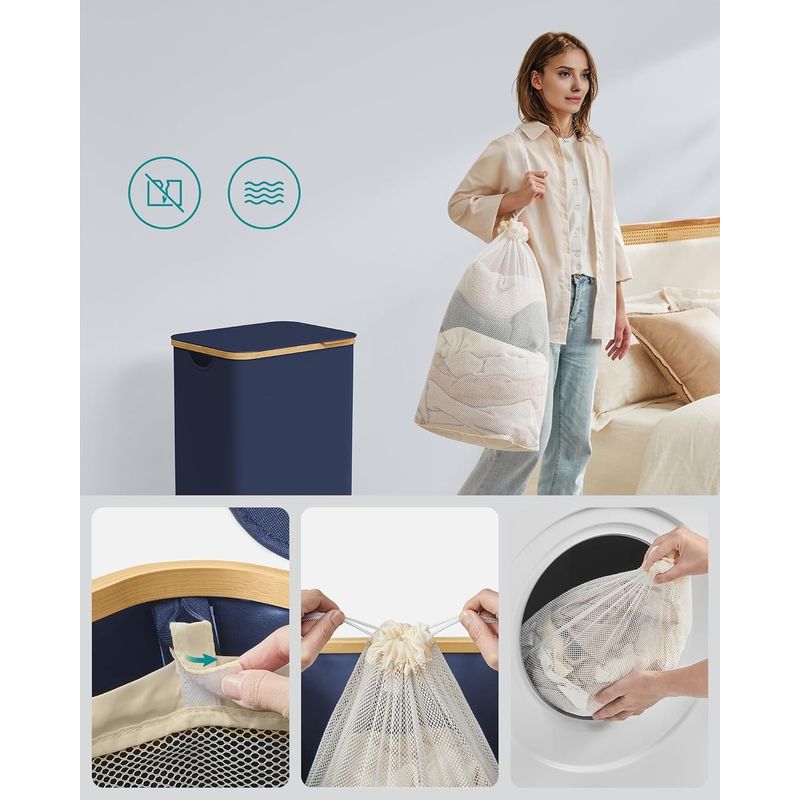 Market - Spalare si intretinere rufe - Uscatoare de rufe si accesorii - Cos de rufe textil, pliabil, compartiment detasabil, 90L, 42x32x71 cm, albastru - Infinity.ro