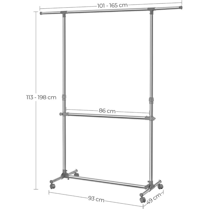 Casa si Gradina - Mobilier - Organizare si depozitare - Cuiere - Suport pentru haine cu sina superioara extensibila, pe roti, reglabil in inaltime 113-198cm, argintiu - Infinity.ro