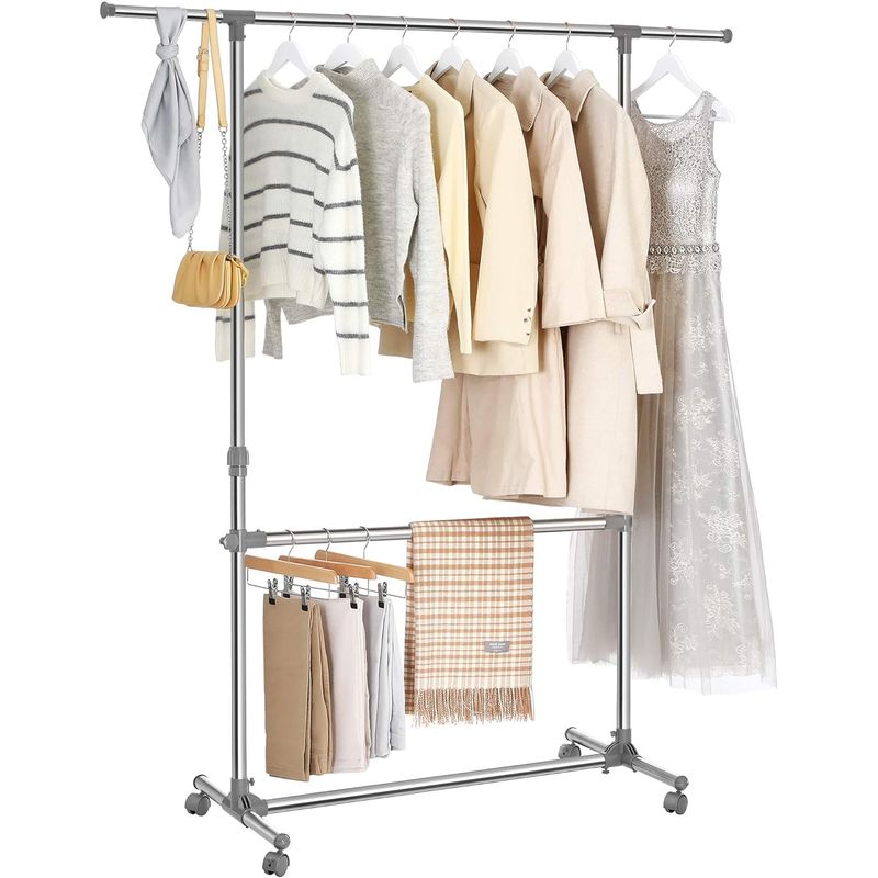 Casa si Gradina - Mobilier - Organizare si depozitare - Cuiere - Suport pentru haine cu sina superioara extensibila, pe roti, reglabil in inaltime 113-198cm, argintiu - Infinity.ro