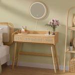 Casa si Gradina - Mobilier - Comode si corpuri - Masute de toaleta - Masuta de toaleta cu oglinda iluminata LED, 3 sertare aspect ratan, stil boho, MDF si lemn, 88x43x82 cm, bej - Infinity.ro